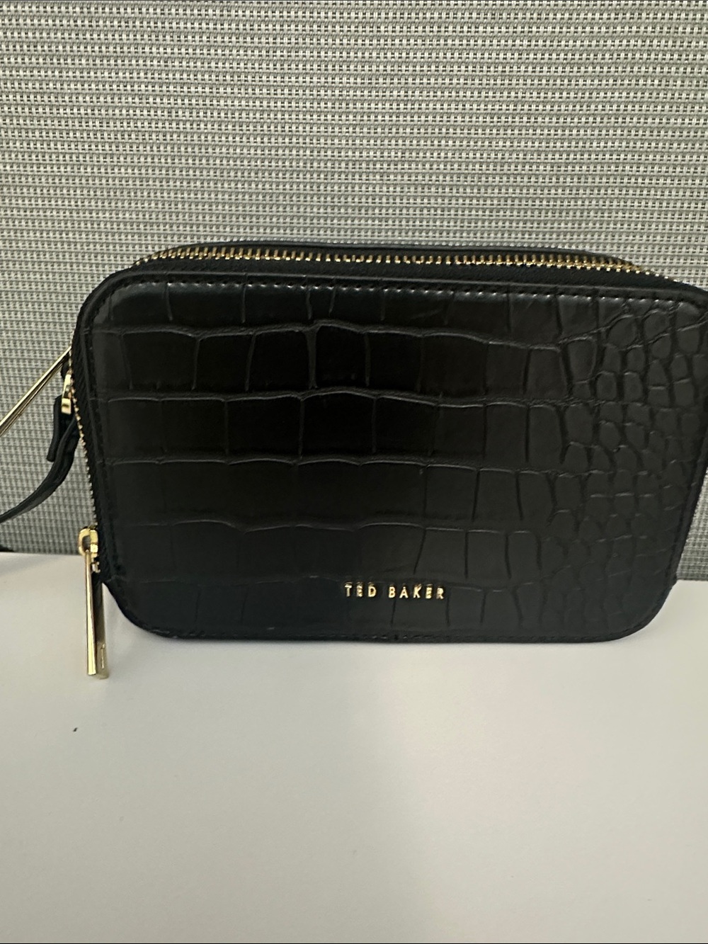 Ted Baker Black Croc-Embossed Leather Camera Bag with Gold Hardware